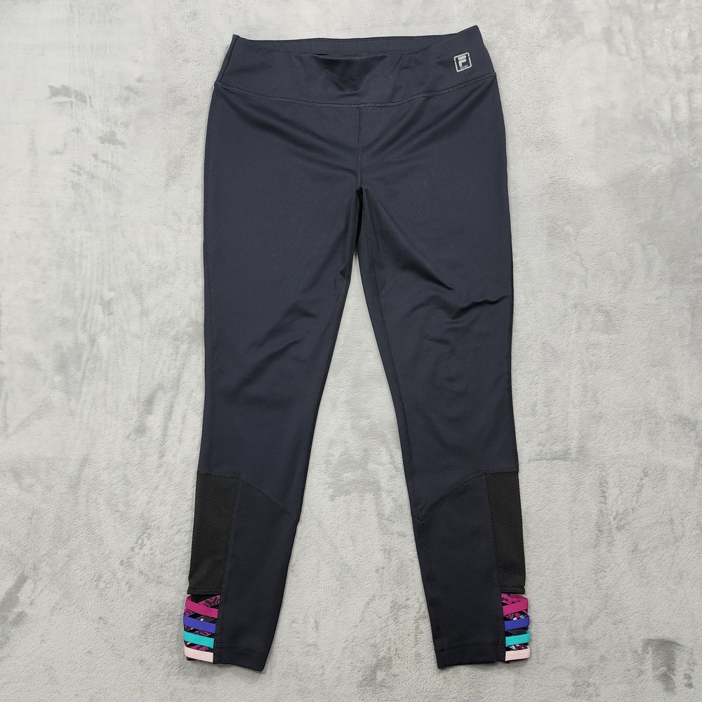 Fila Sport Leggings Womens L Black Ankle Mesh Panel Strappy Hem Yoga Gym Workout